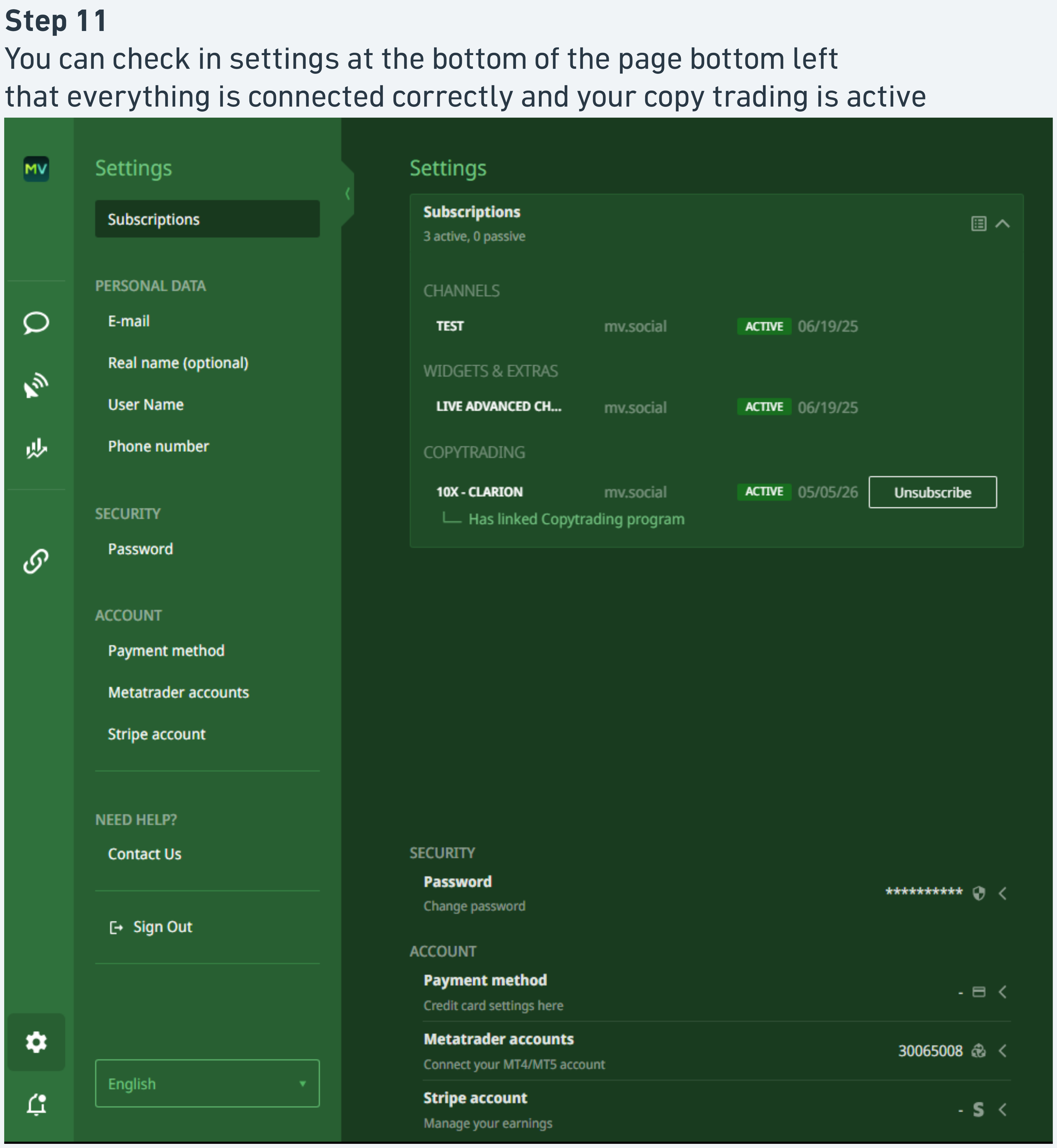 Settings panel with Subscriptions section